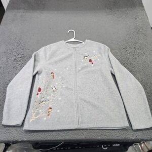 Croft & Barrow Cardigan Sweater Womens Large Gray Bird Christmas Embroidered Zip